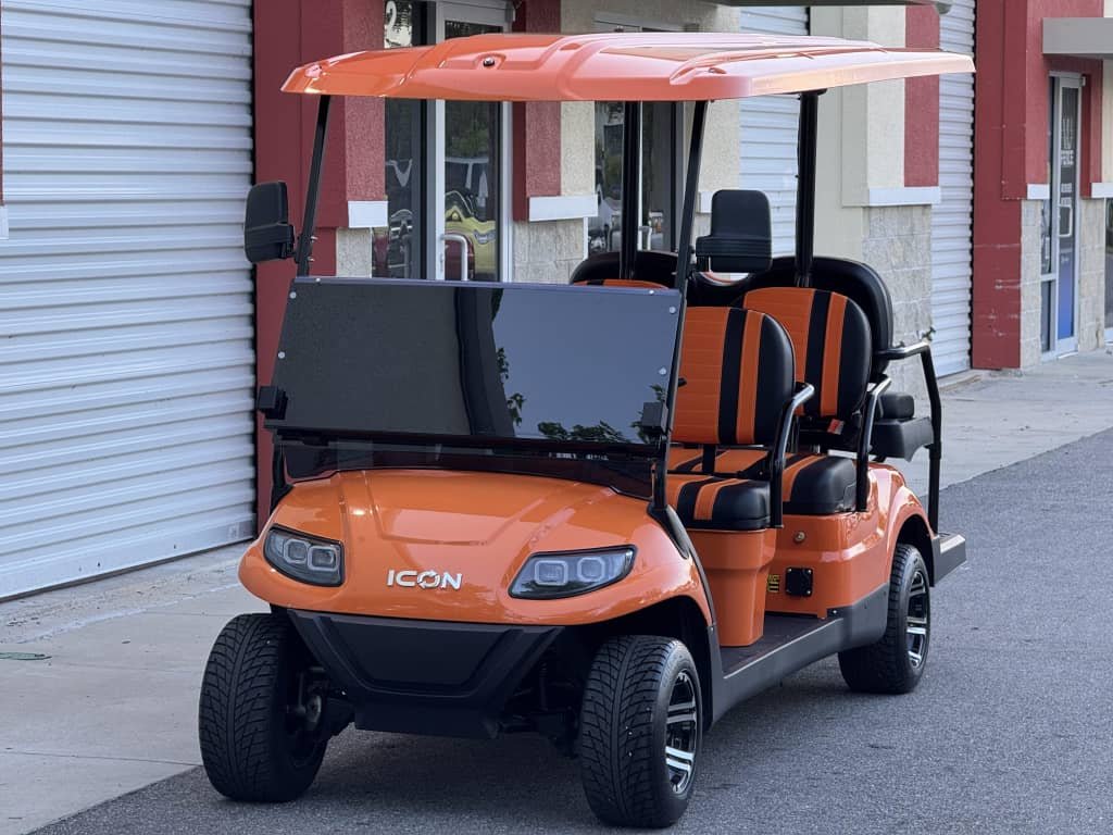 The 2023 ICON i60 is a premium 6-seat electric golf cart built with comfort and street capability in mind. 🔋 Performance 48V electric system Lithium or AGM battery options Top speed: up to 25 mph (LSV models) Range: 25–50 miles per charge (depending on battery) � Golf Cart Search 🛞 Features 6-passenger seating (rear flip seat available) LED headlights, brake lights, turn signals Digital dashboard / speed display Seat belts (front & rear) USB ports & onboard charger 12” alloy wheels (on many trims) 4-wheel disc brakes 🏁 Build & Comfort Lifted or standard versions available Powder-coated steel frame Smooth suspension for neighborhood + light off-road use Quiet electric drive (no engine noise)